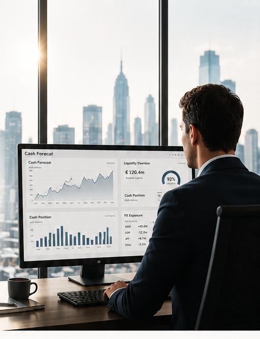 Trésorier consultant un dashboard de cash management, gratte-ciel en arrière-plan